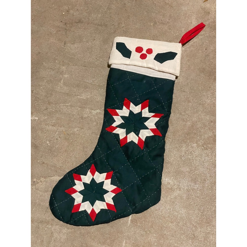 Handmade Quilted Christmas Stocking Green Holly Star App‎ Festive Holiday Decor